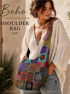 Boho Patchwork Shoulder Bag Hippie Festival Embroidered Slouchy Tote